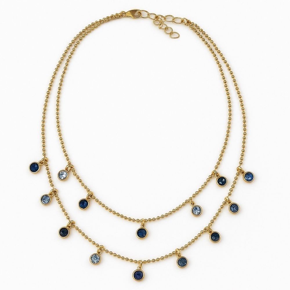 Gold Triple-Layer Beaded Necklace With Blue Crystals